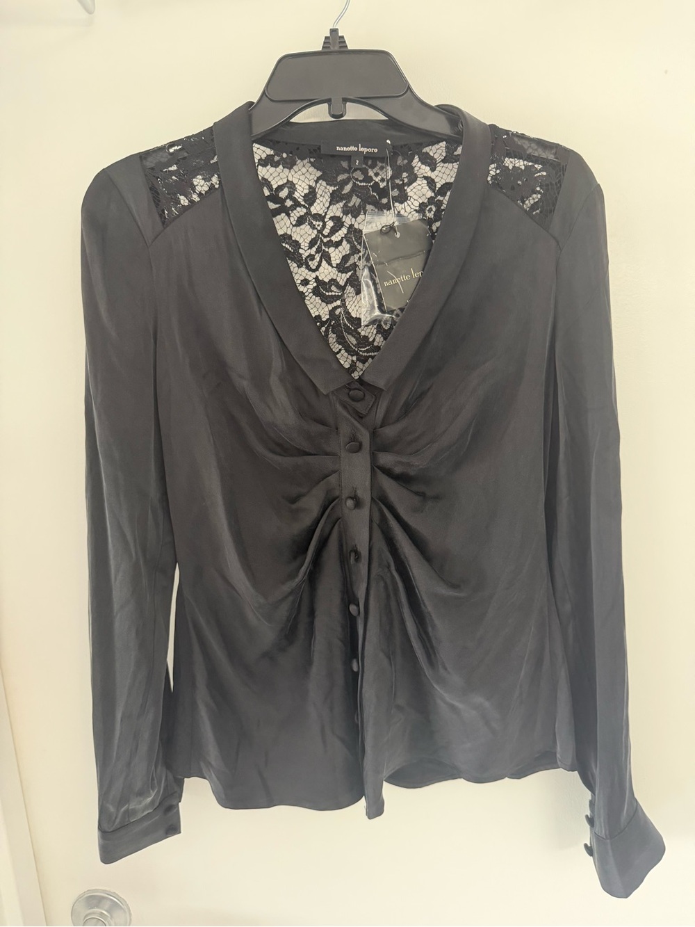 Nanette Lepore Black Lace-Back Gathered Silk Blouse